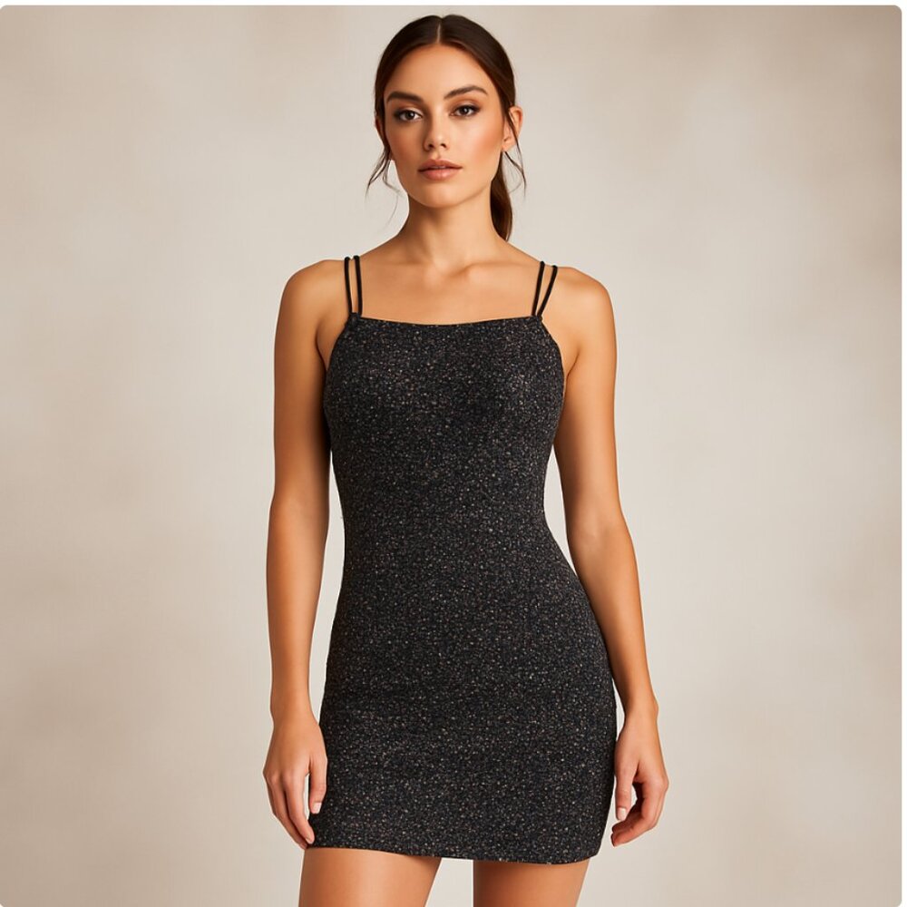 Altar'd State Glitter Black Mini Dress Medium‎ Sparkly Y2K Glam Holiday Party